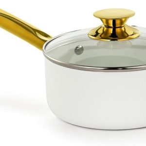 White ceramic non-stick saucepan with lid, gold and stainless steel handle